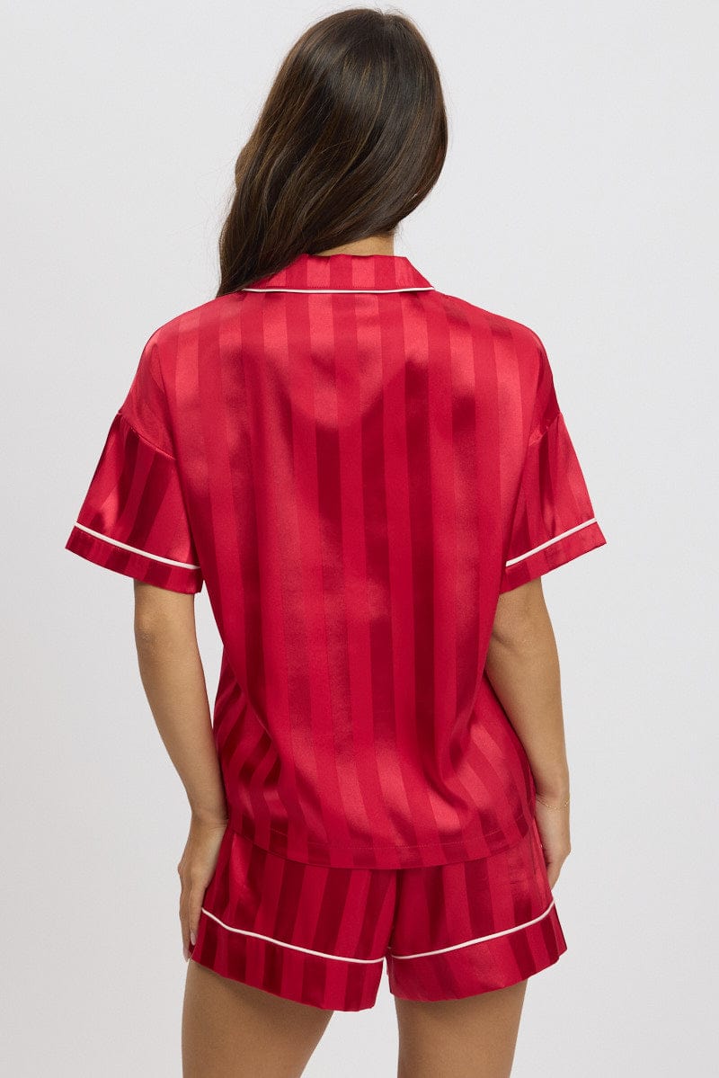 Red Stripe Satin Pajamas Set Short Sleeve for Ally Fashion