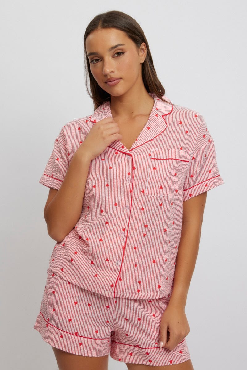 Red Stripe Cotton Pyjamas Set Short Sleeve for Ally Fashion