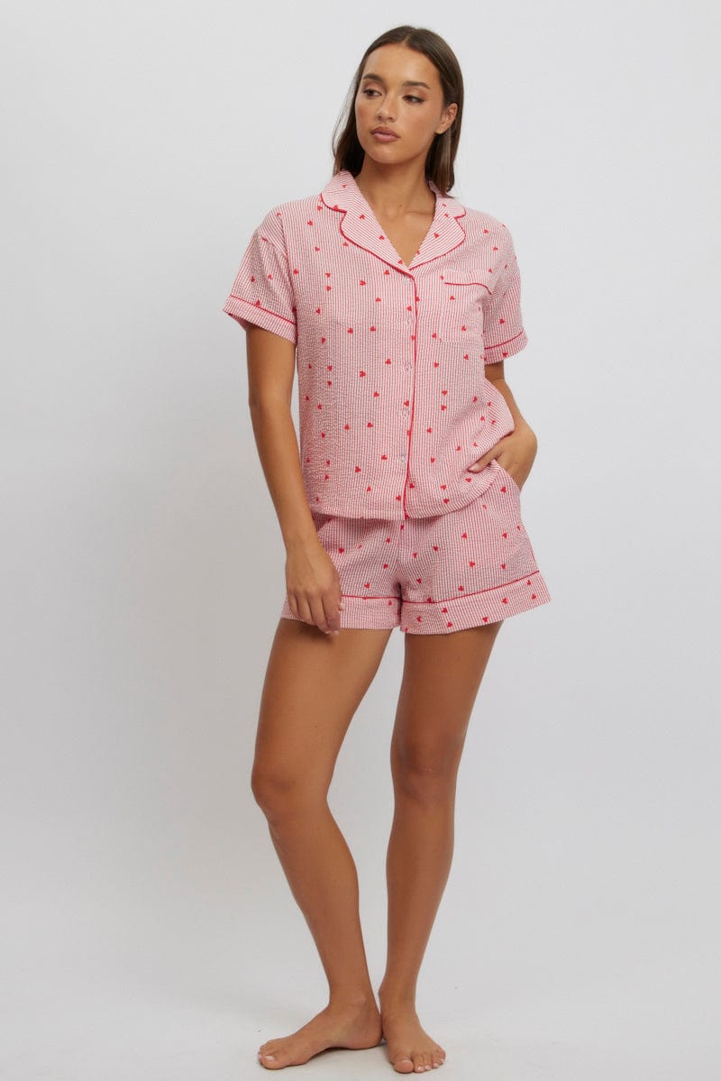 Red Stripe Cotton Pyjamas Set Short Sleeve for Ally Fashion