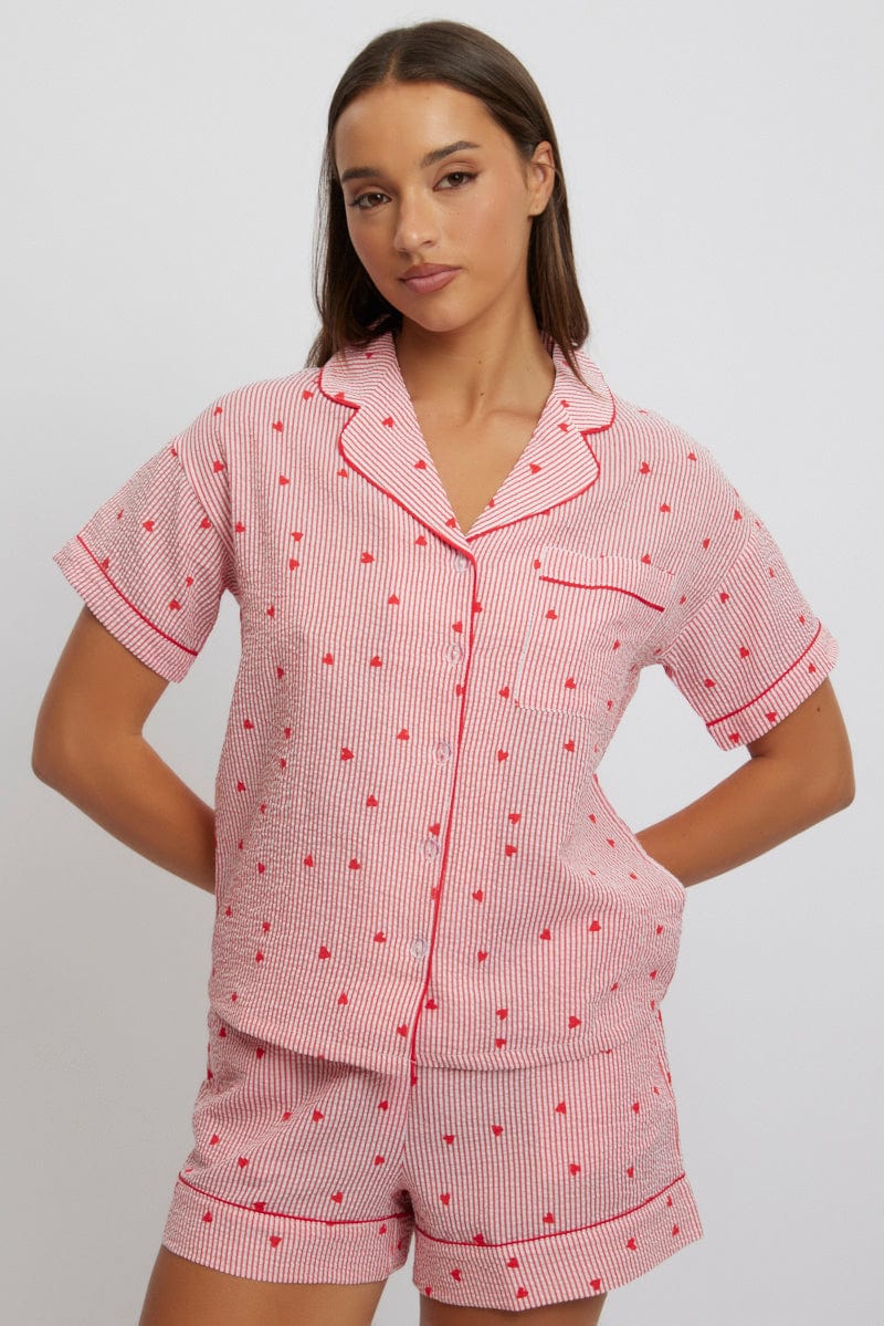 Red Stripe Cotton Pyjamas Set Short Sleeve for Ally Fashion