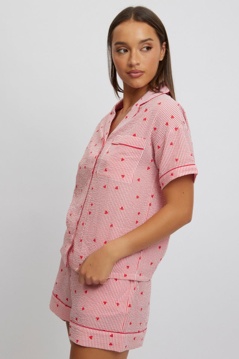 Red Stripe Cotton Pyjamas Set Short Sleeve for Ally Fashion