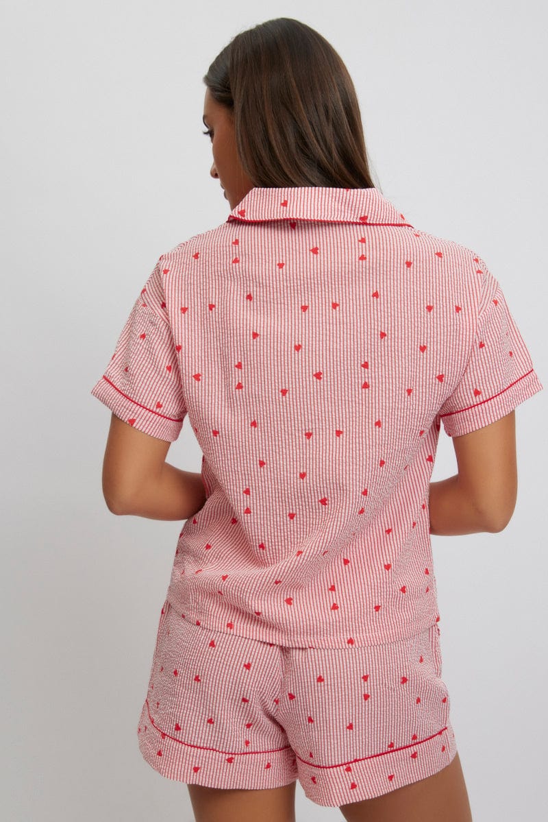 Red Stripe Cotton Pyjamas Set Short Sleeve for Ally Fashion