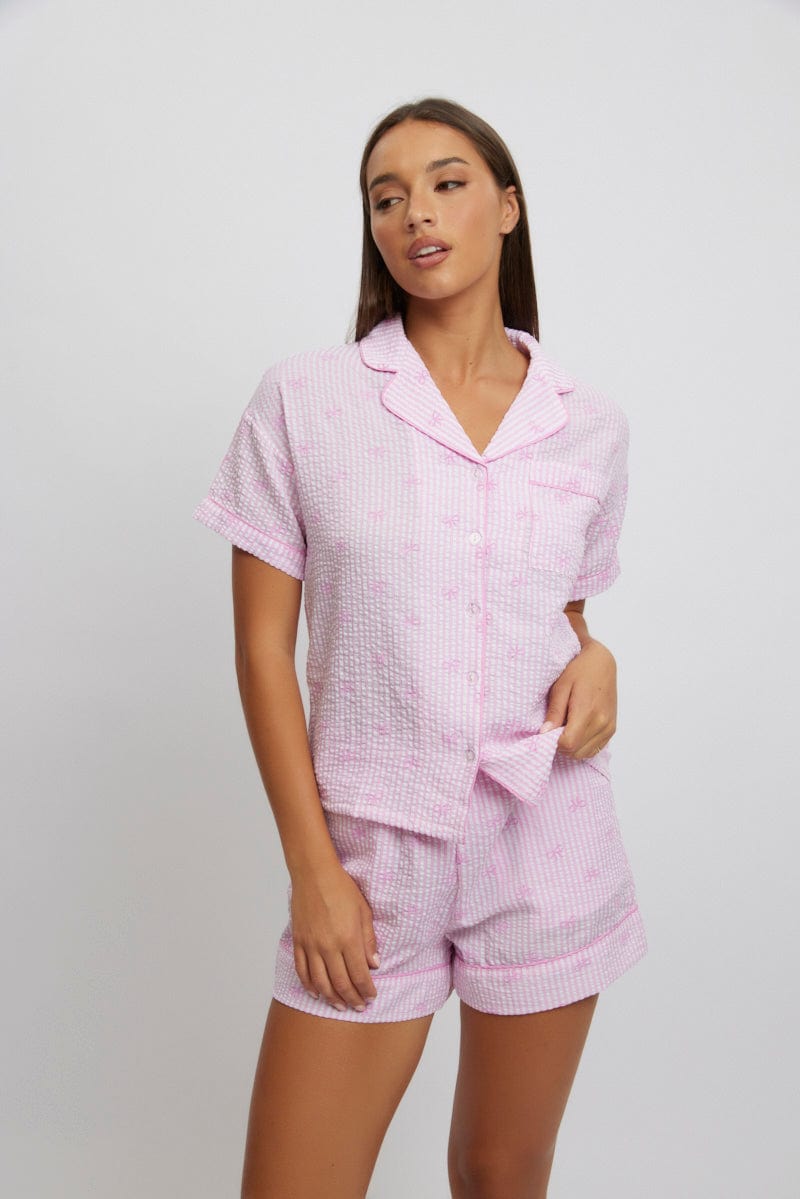 Pink Stripe Cotton Pyjamas Set Short Sleeve for Ally Fashion