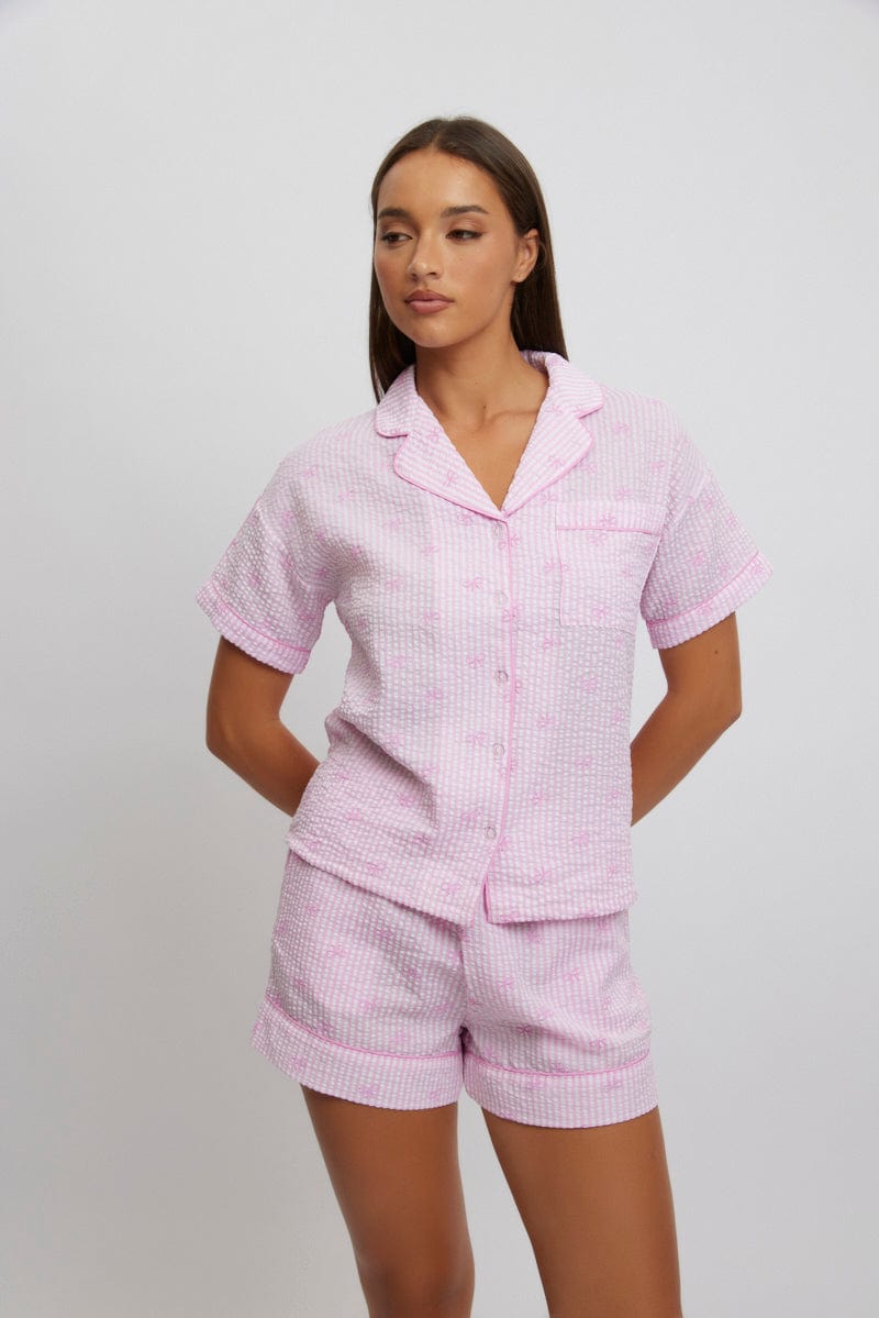 Pink Stripe Cotton Pyjamas Set Short Sleeve for Ally Fashion