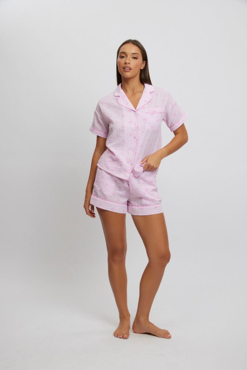 Pink Stripe Cotton Pyjamas Set Short Sleeve for Ally Fashion