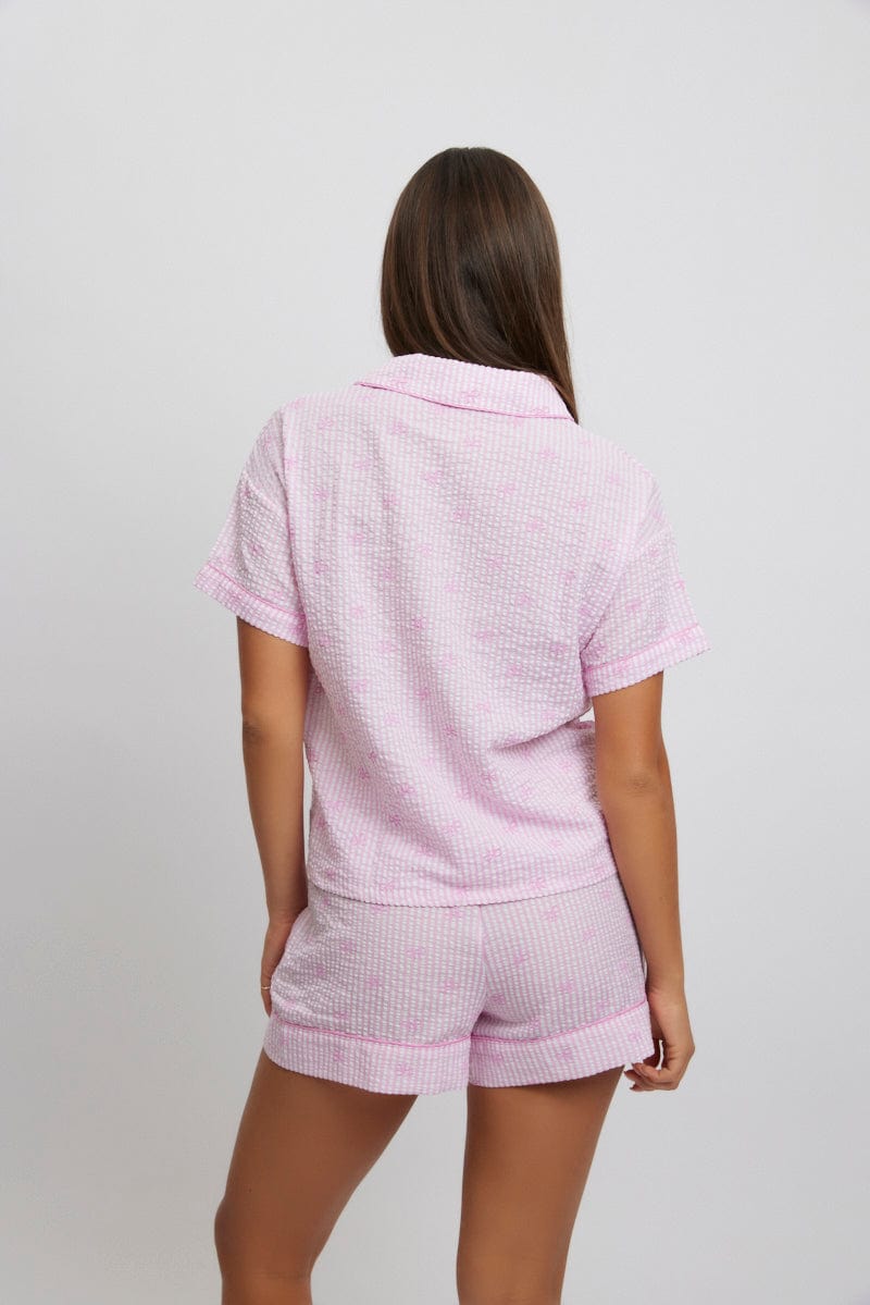 Pink Stripe Cotton Pyjamas Set Short Sleeve for Ally Fashion