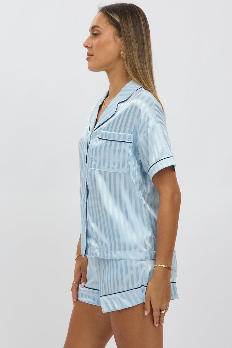 Blue Stripe Satin Pyjamas Set Short Sleeve for Ally Fashion