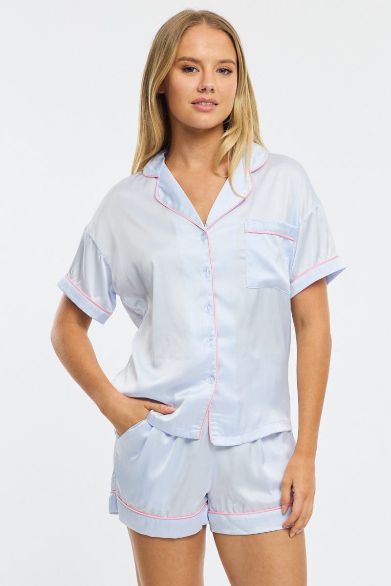Blue Satin Pyjamas Set Short Sleeve for Ally Fashion