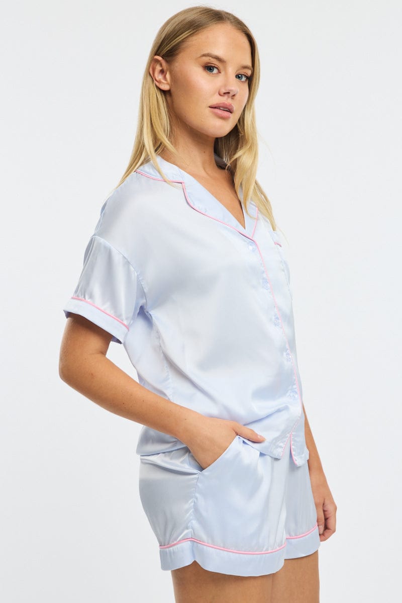 Blue Satin Pyjamas Set Short Sleeve for Ally Fashion