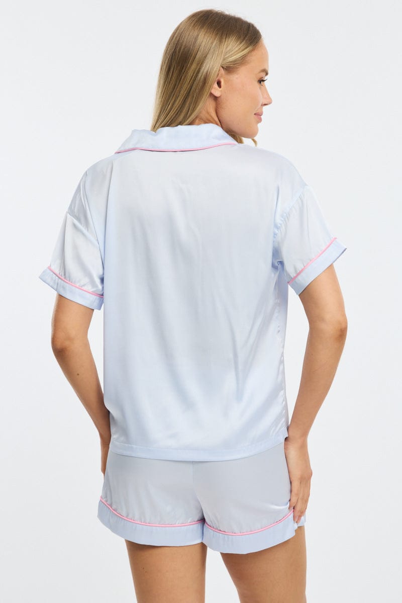 Blue Satin Pyjamas Set Short Sleeve for Ally Fashion