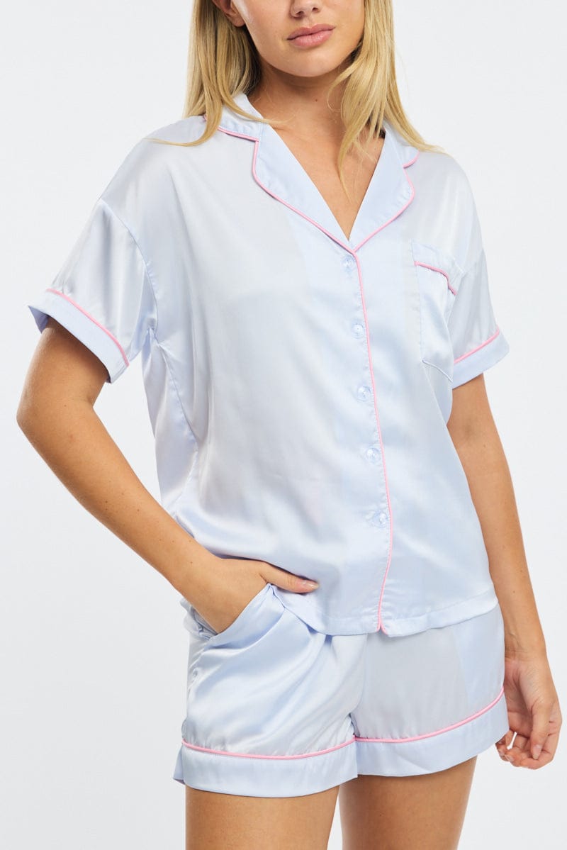 Blue Satin Pyjamas Set Short Sleeve for Ally Fashion