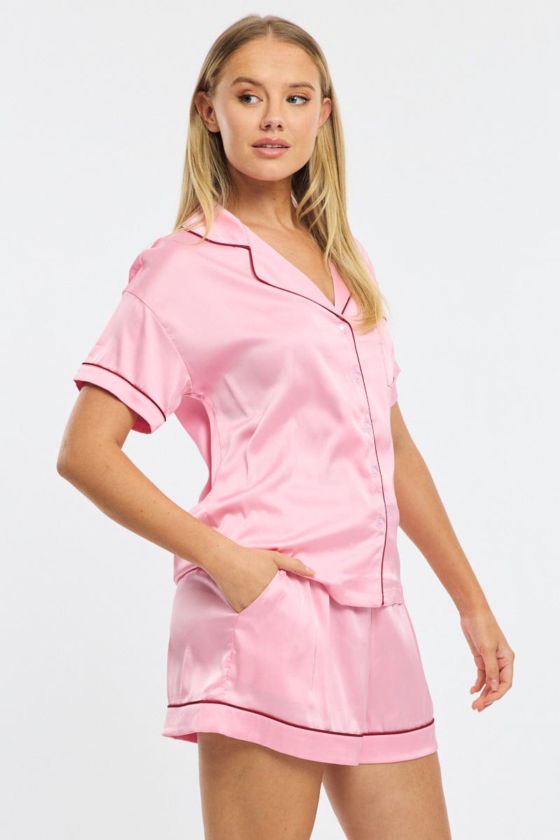 Pink Satin Pyjamas Set Short Sleeve for Ally Fashion