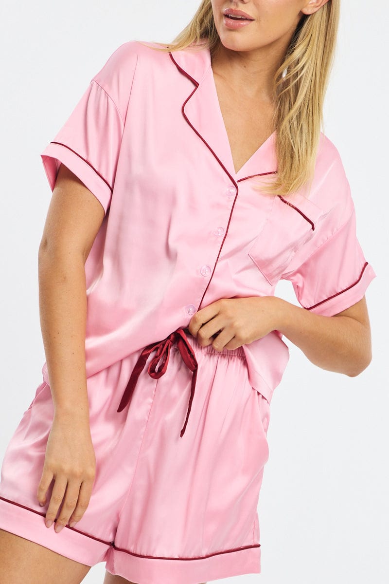 Pink Satin Pyjamas Set Short Sleeve for Ally Fashion