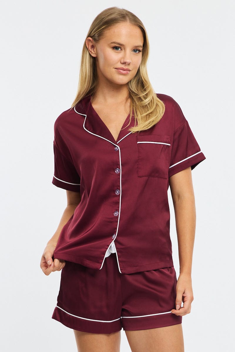 Red Satin Pyjamas Set Short Sleeve for Ally Fashion