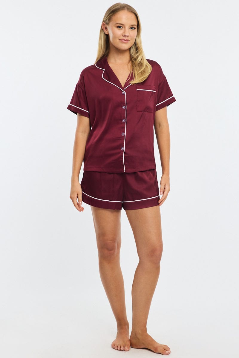 Red Satin Pyjamas Set Short Sleeve for Ally Fashion