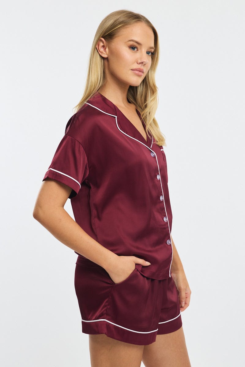 Red Satin Pyjamas Set Short Sleeve for Ally Fashion
