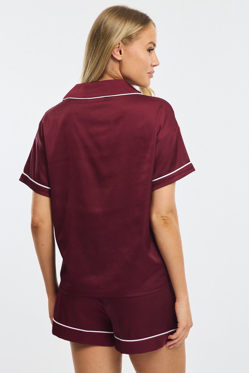 Red Satin Pyjamas Set Short Sleeve for Ally Fashion