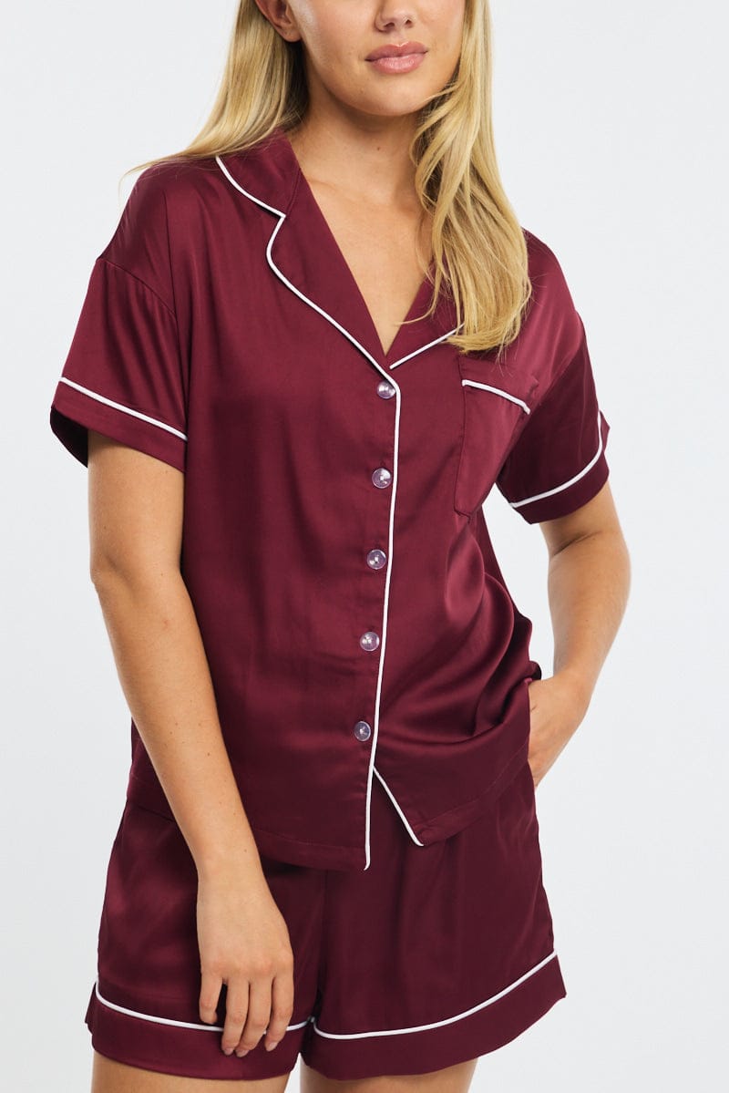 Red Satin Pyjamas Set Short Sleeve for Ally Fashion