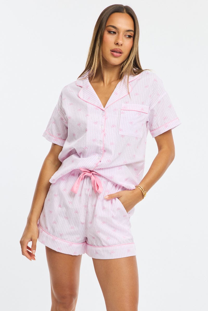 Pink Ditsy Pyjamas Set Short Sleeve for Ally Fashion