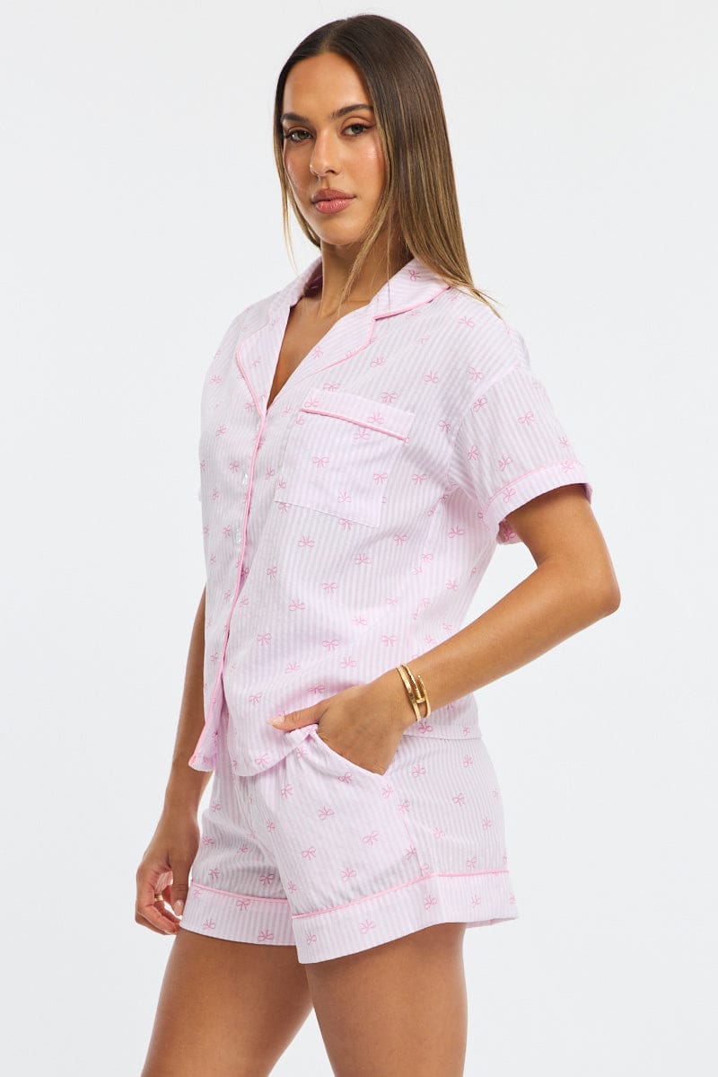 Pink Ditsy Pyjamas Set Short Sleeve for Ally Fashion