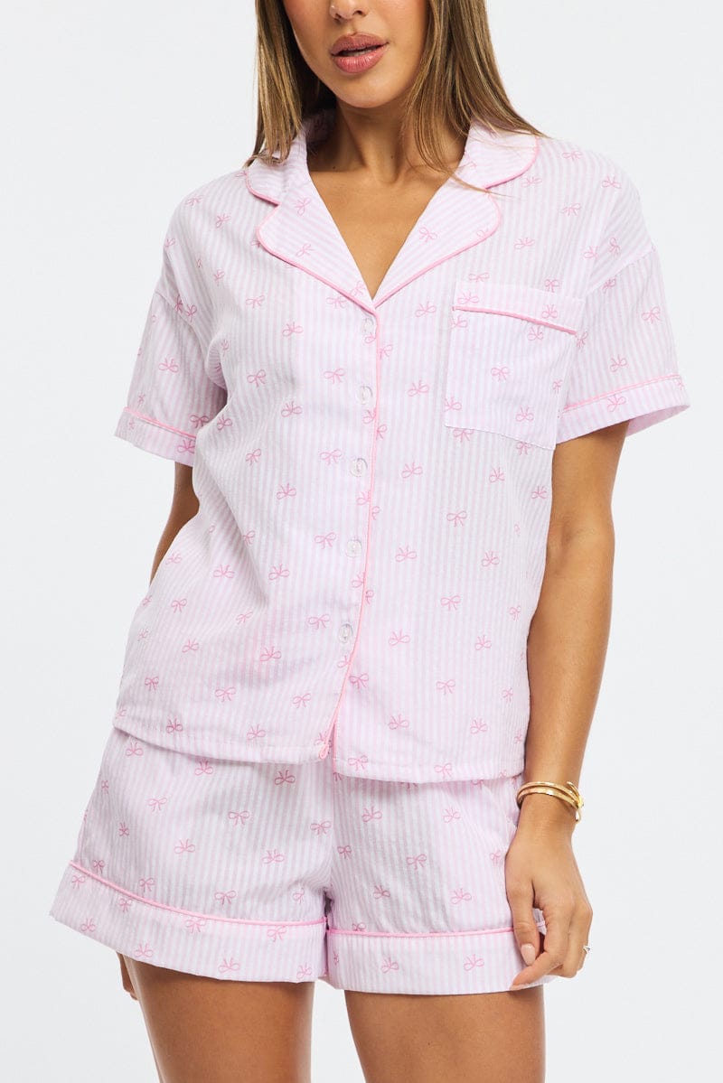 Pink Ditsy Pyjamas Set Short Sleeve for Ally Fashion