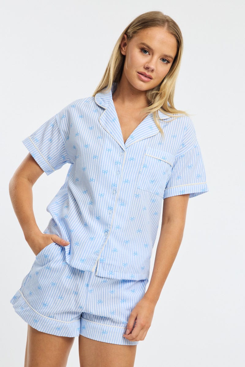 Blue Ditsy Pyjamas Set Short Sleeve for Ally Fashion