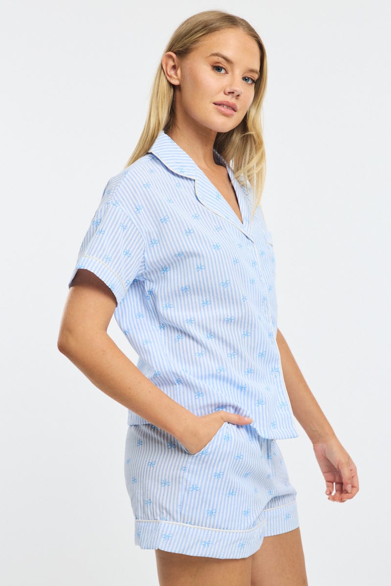 Blue Ditsy Pyjamas Set Short Sleeve for Ally Fashion
