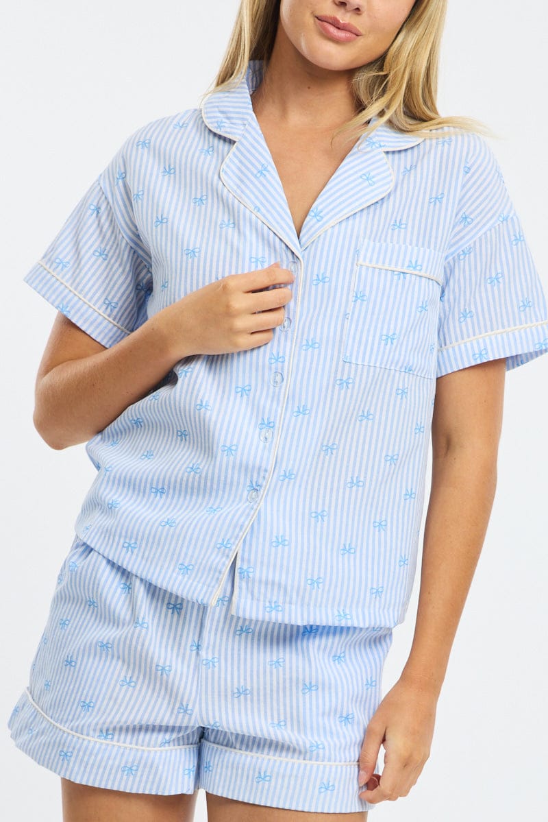 Blue Ditsy Pyjamas Set Short Sleeve for Ally Fashion