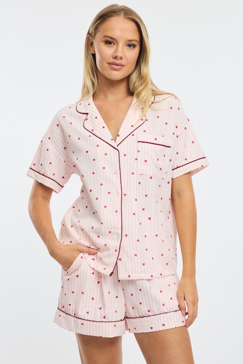 Red Ditsy Pyjamas Set Short Sleeve for Ally Fashion