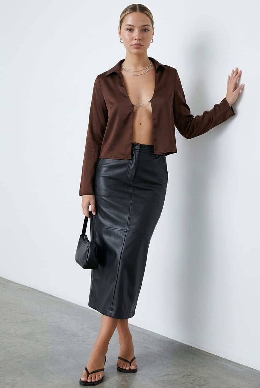 Brown Satin Long Sleeve Collared Chain-Link Front Jacket