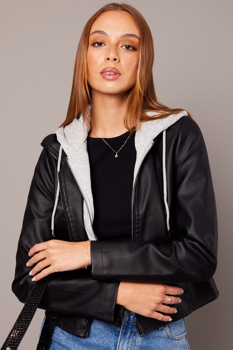 Black Faux Leather Jacket Long Sleeve Hoodie for Ally Fashion