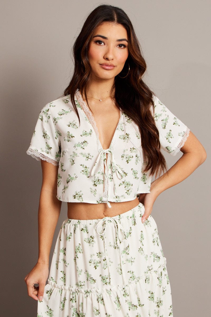 Green Floral Tie Up Lace Trim Top Short Sleeve Crop for Ally Fashion