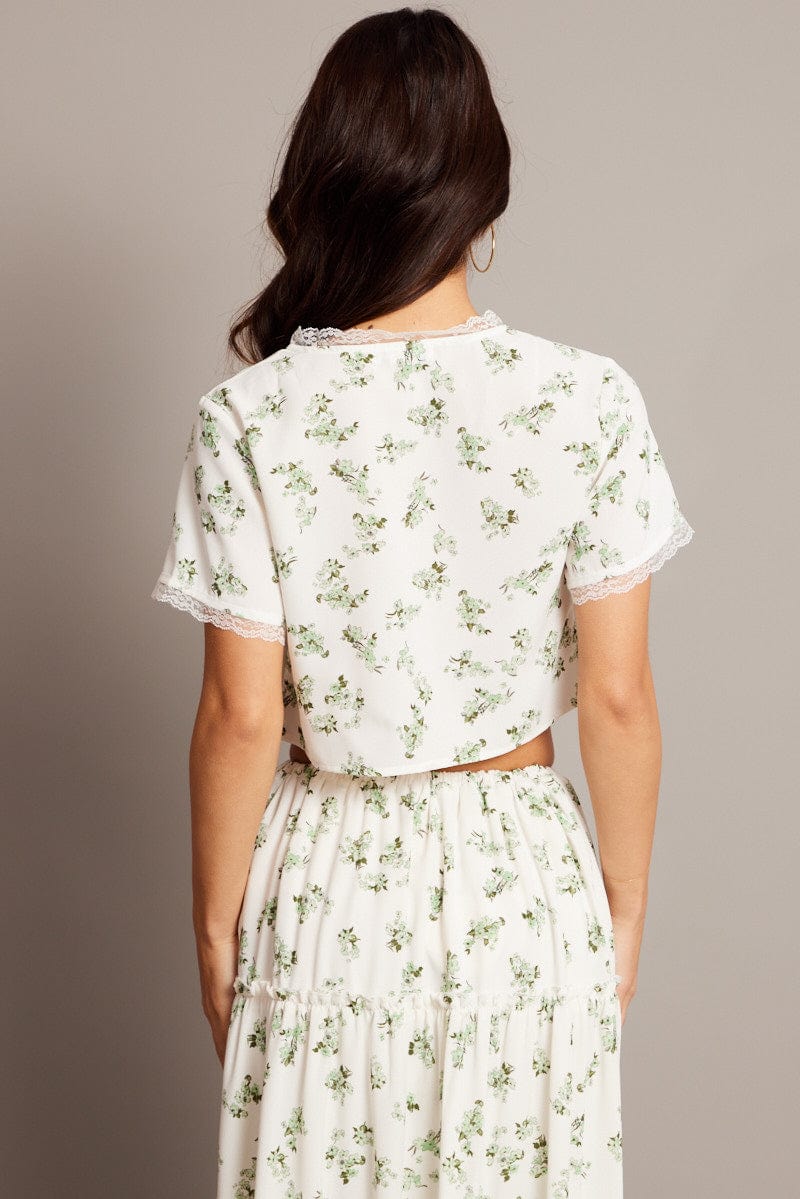 Green Floral Tie Up Lace Trim Top Short Sleeve Crop for Ally Fashion