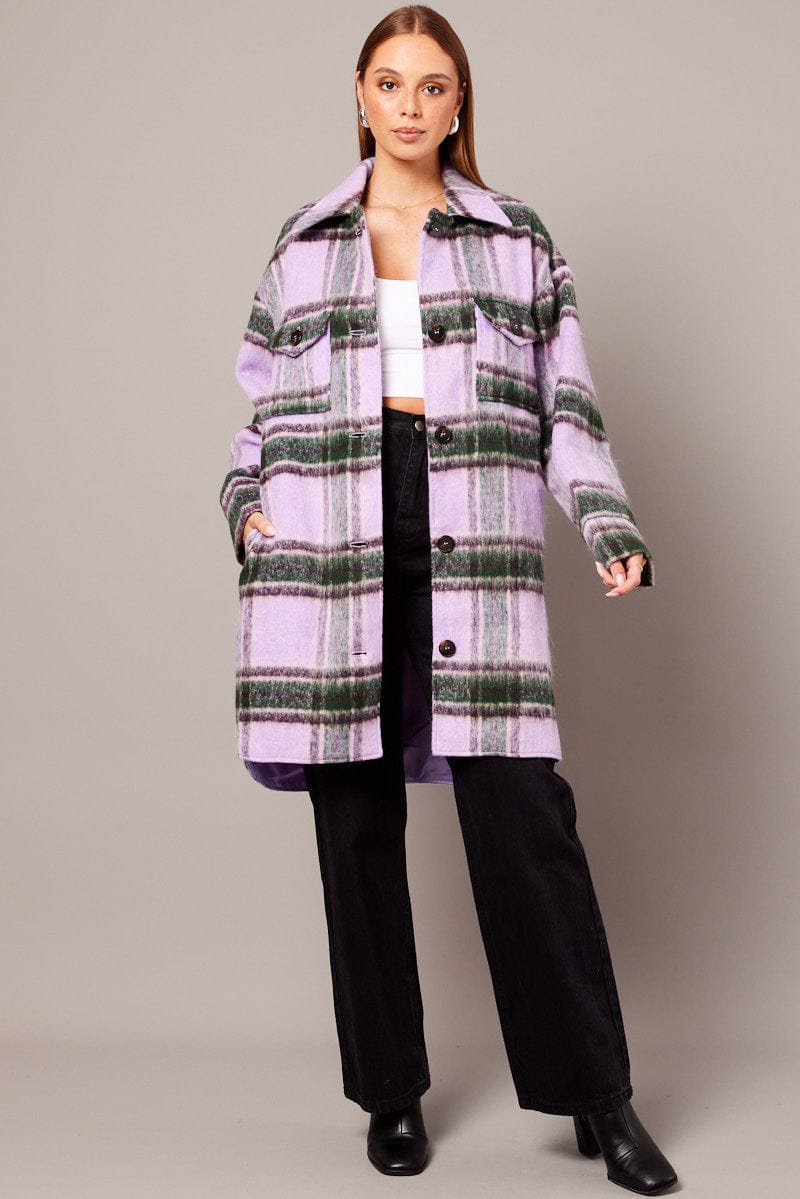 Purple Check Coat Long Sleeve Collared Check Faux Wool for Ally Fashion