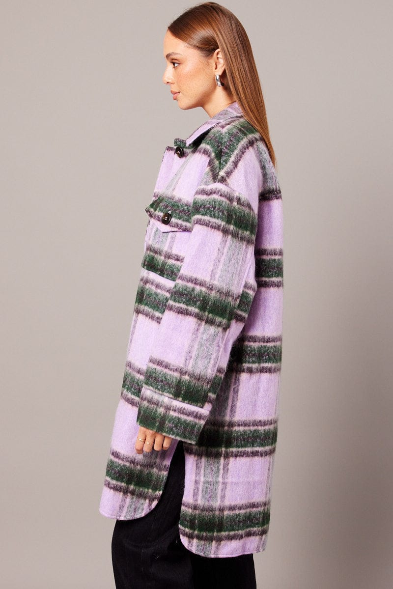 Purple Check Coat Long Sleeve Collared Check Faux Wool for Ally Fashion