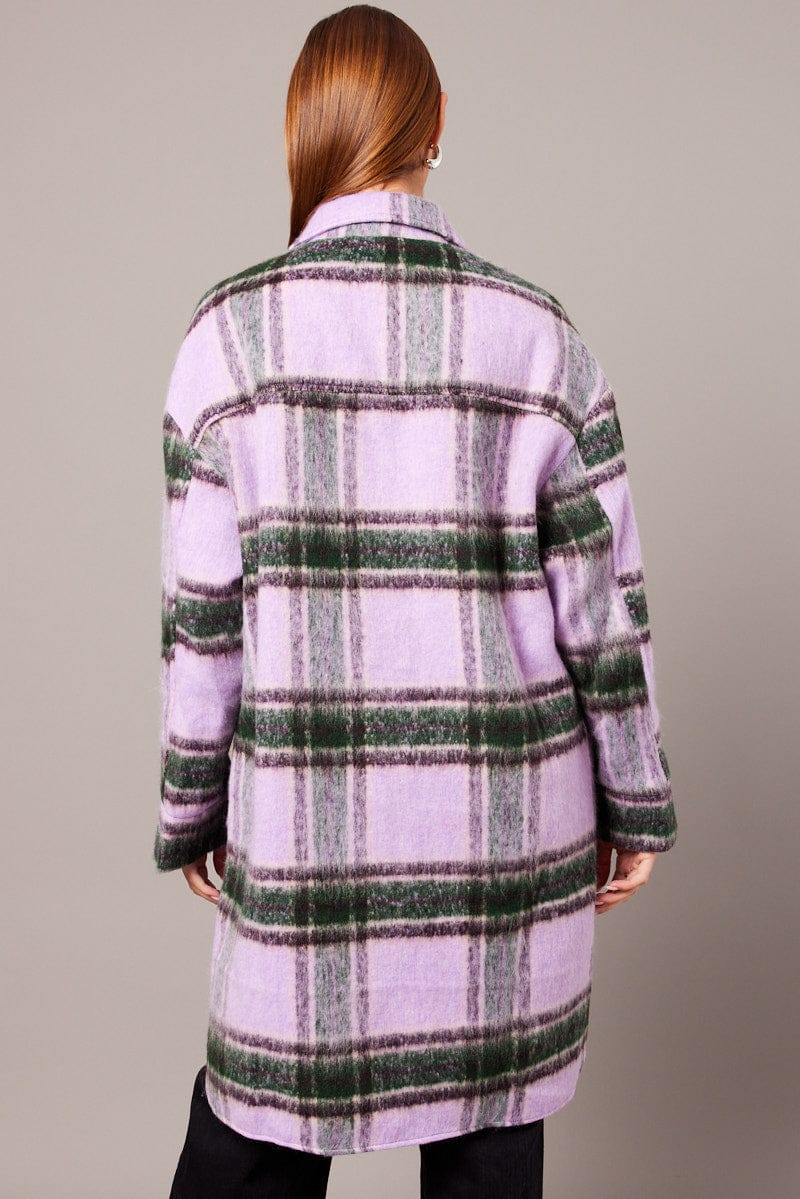 Purple Check Coat Long Sleeve Collared Check Faux Wool for Ally Fashion