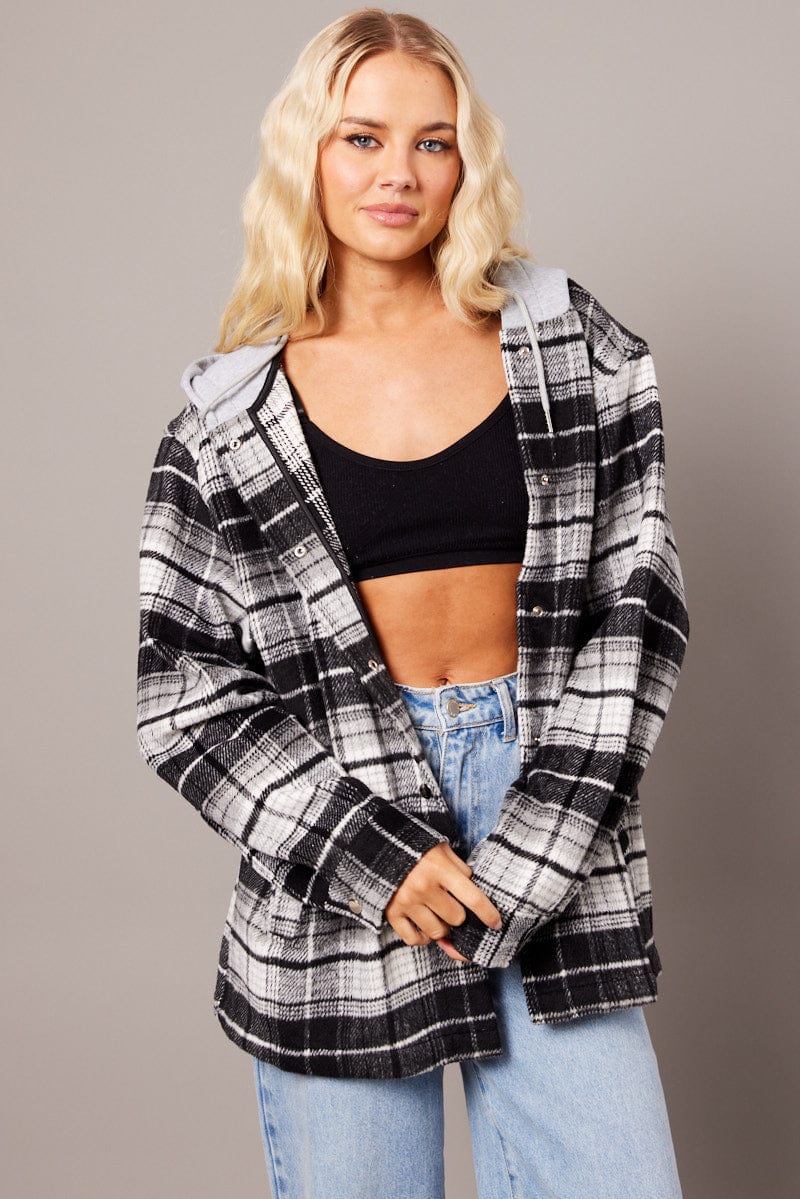 Black Check Hoodie Shacket Long Sleeve for Ally Fashion