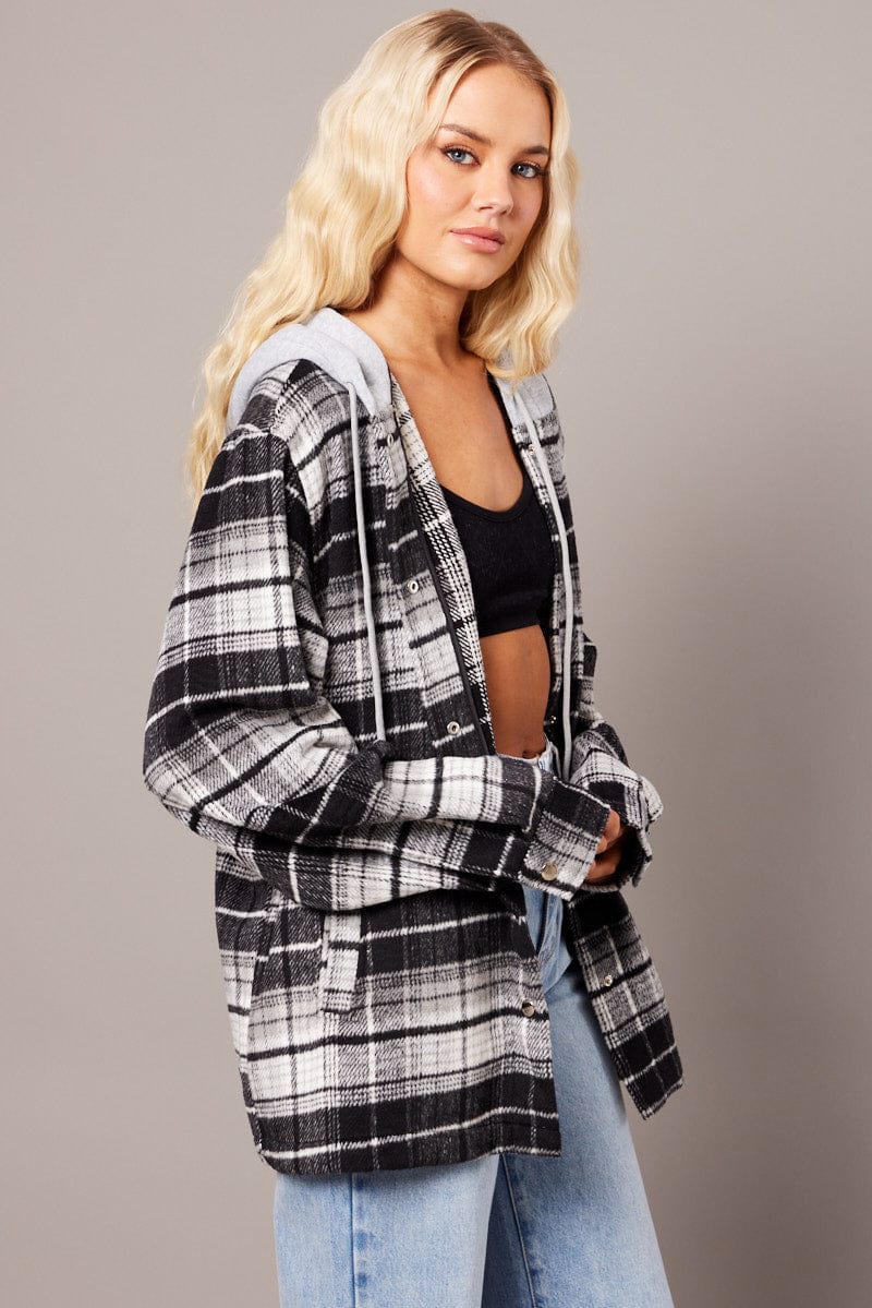 Black Check Hoodie Shacket Long Sleeve for Ally Fashion