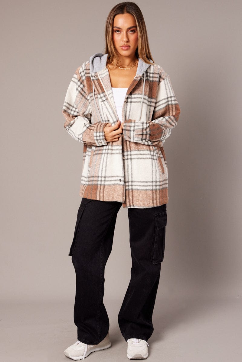 Brown Check Hoodie Shacket Long Sleeve for Ally Fashion