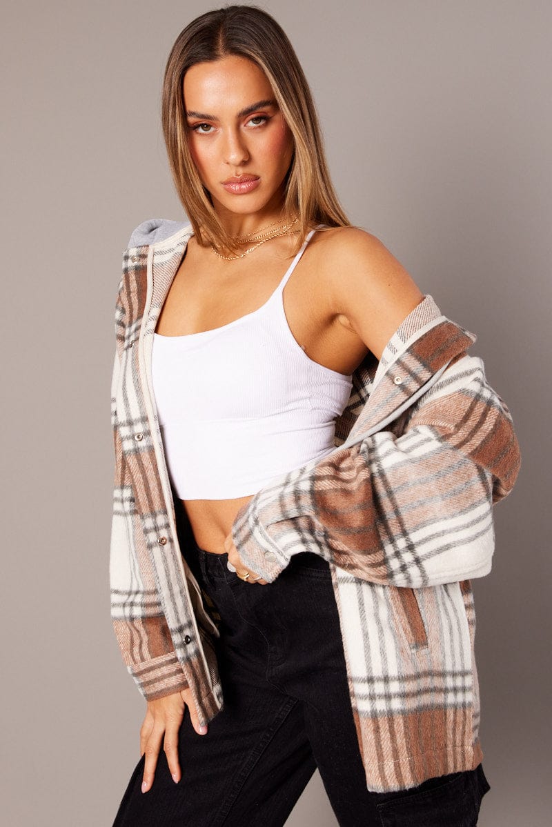 Brown Check Hoodie Shacket Long Sleeve for Ally Fashion