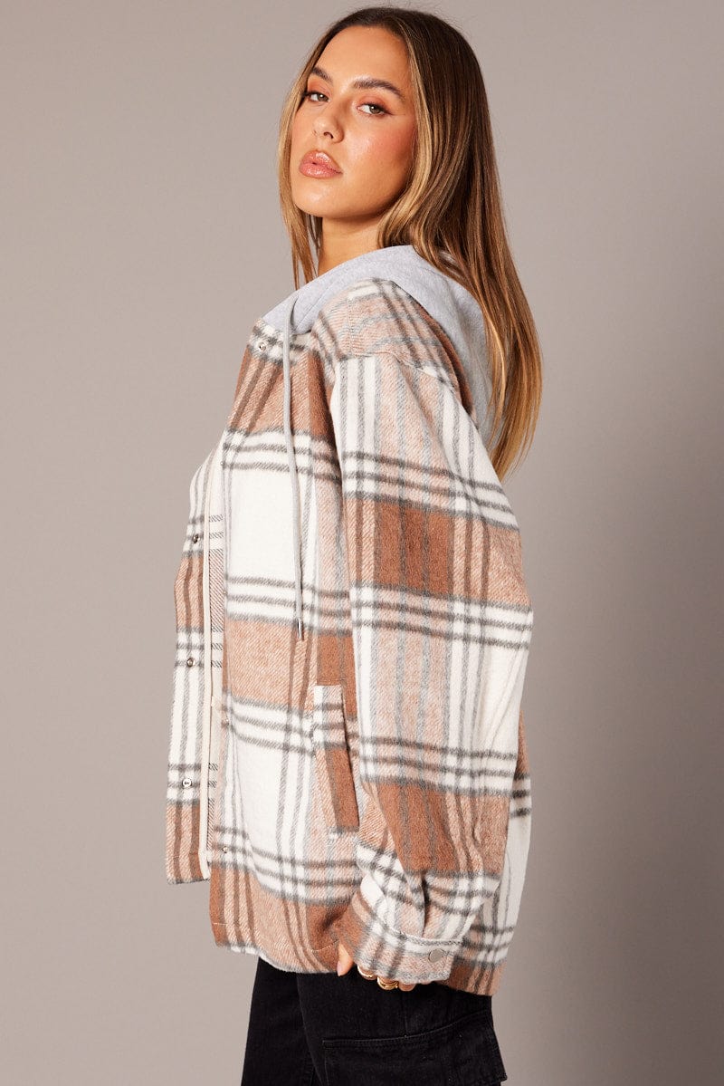 Brown Check Hoodie Shacket Long Sleeve for Ally Fashion