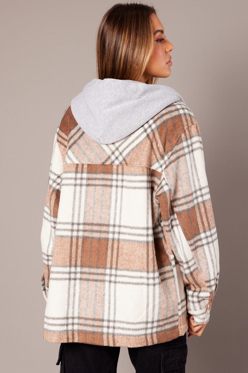 Brown Check Hoodie Shacket Long Sleeve for Ally Fashion