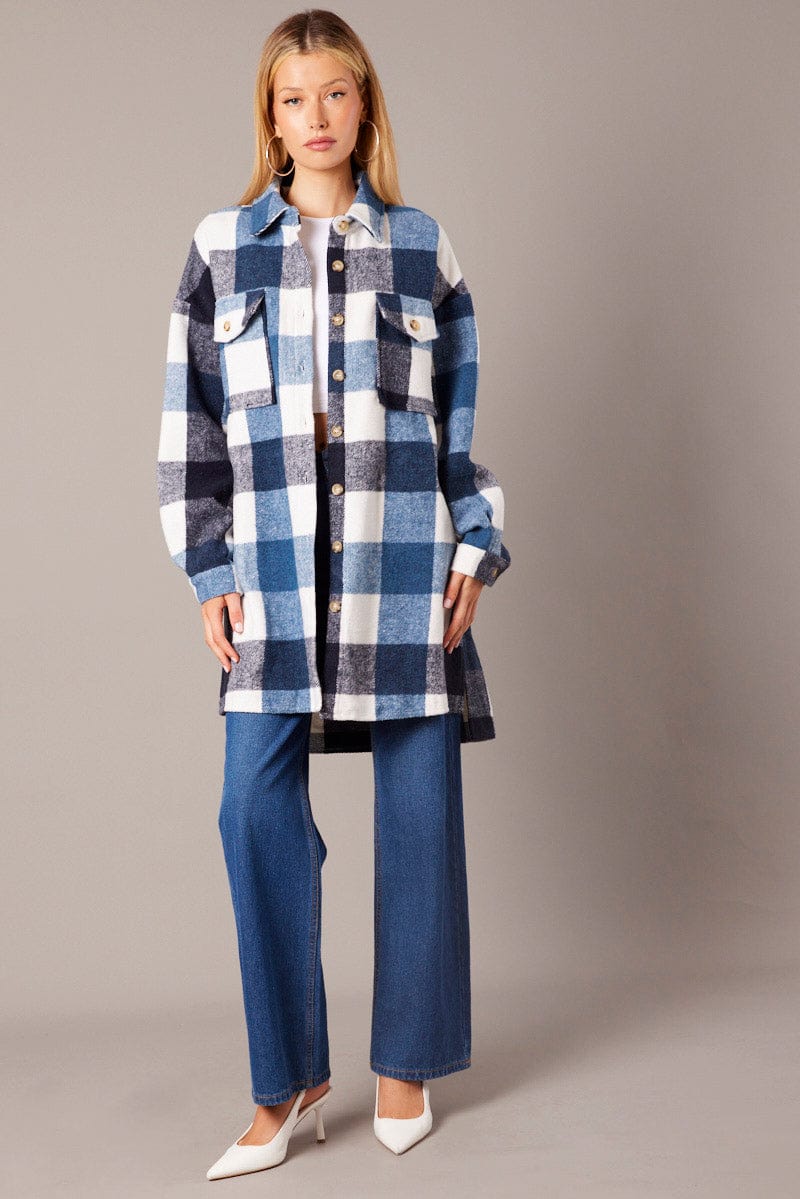 Blue Check Long Shacket Long Sleeve for Ally Fashion
