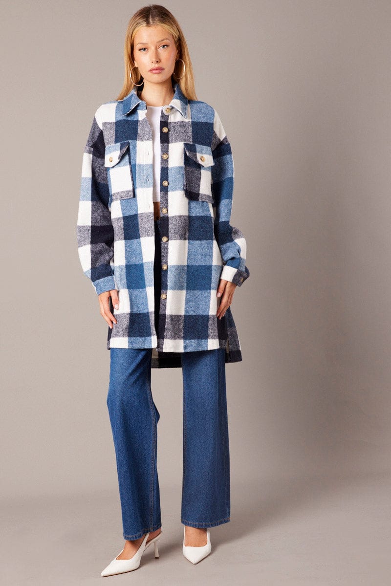 Blue Check Long Shacket | Ally Fashion