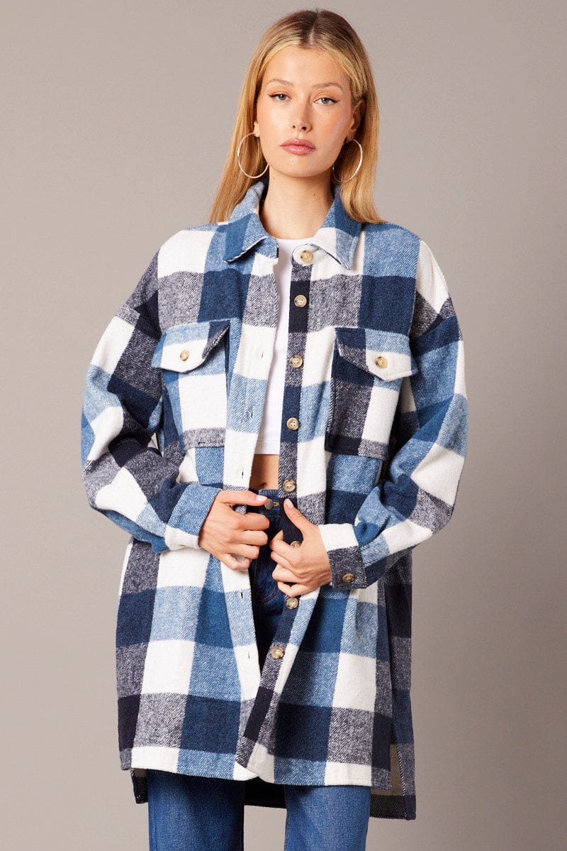 Blue Check Long Shacket Ally Fashion - Main Image
