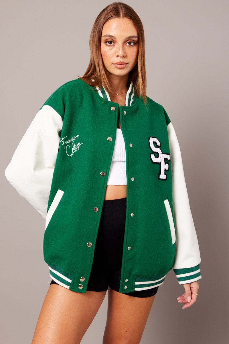 Green Varsity Jacket Long Sleeves Embroidery Details Ally Fashion