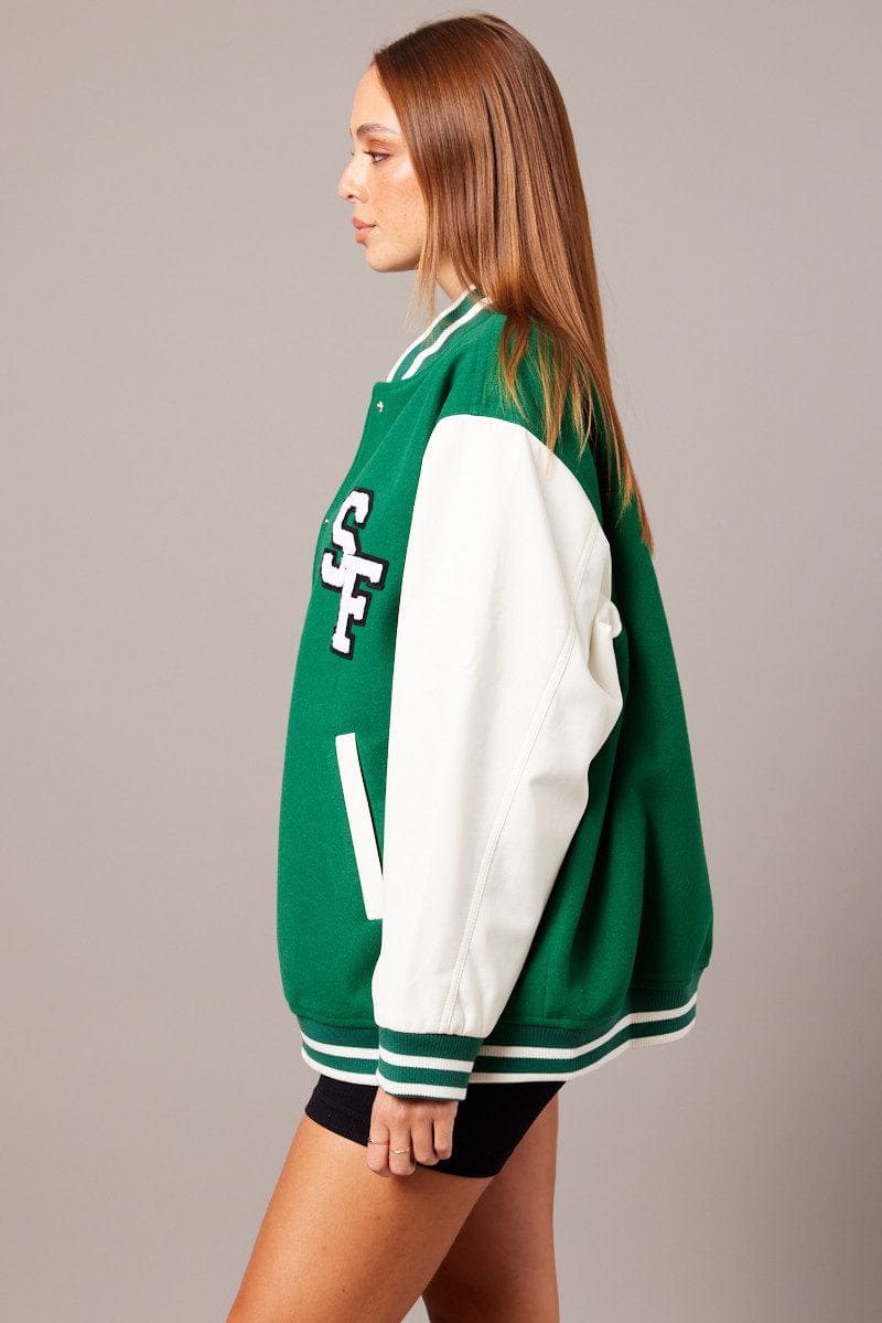 Green Varsity Jacket Long Sleeves Embroidery Details for Ally Fashion