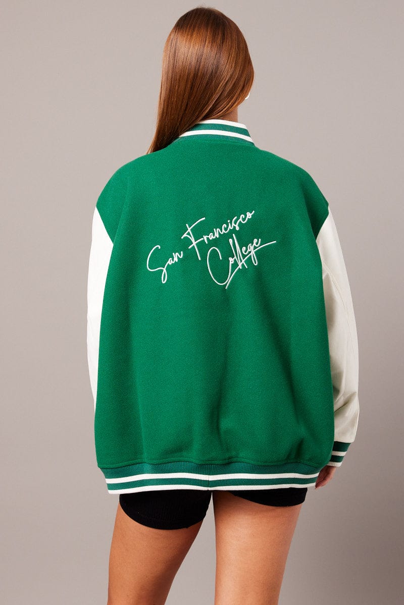 Green Varsity Jacket Long Sleeves Embroidery Details for Ally Fashion