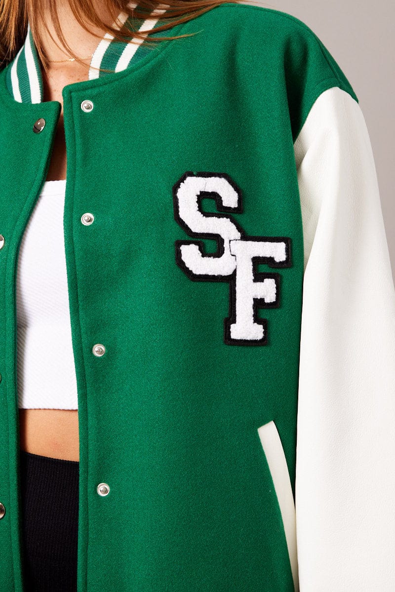 Green Varsity Jacket Long Sleeves Embroidery Details for Ally Fashion