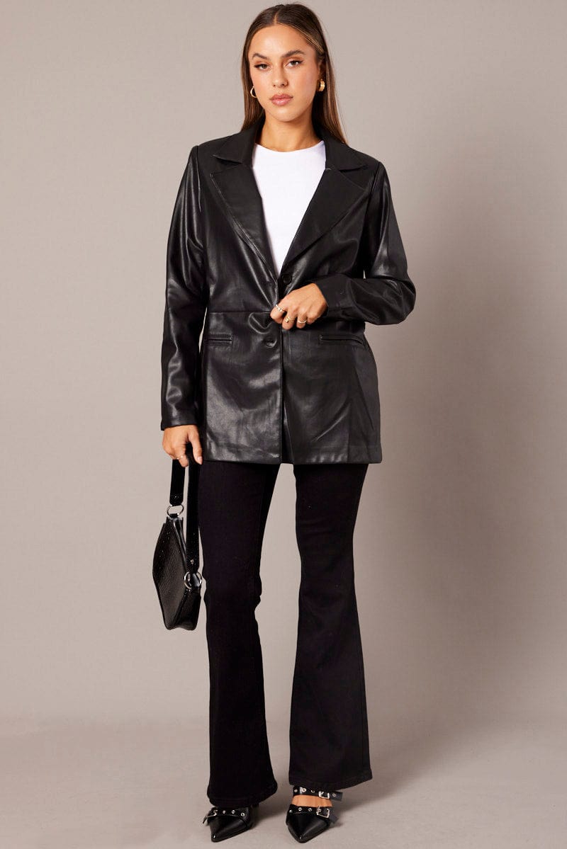 Black Jacket Faux Leather Collared